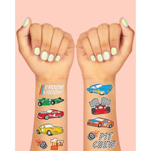 xo, Fetti Race Car Party Supplies Temporary Tattoos - 46 Foil Styles | Racecar Birthday, Pit Crew, Checkered Flags, Vroom, Wheels
