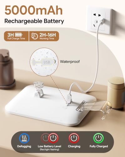Gospire Heated Shower Mirror with Light, Fogless Anti-Fog 5000mAh