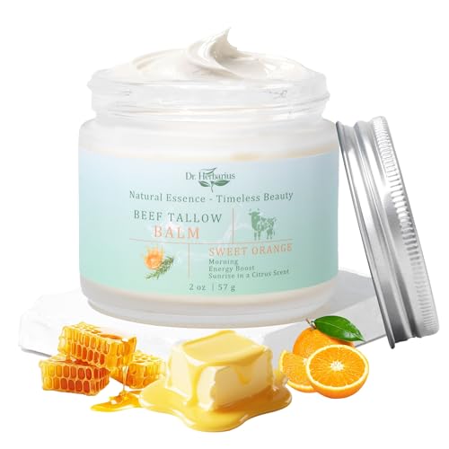Beef Tallow for Face?Organic Grass Fed Tallow and Honey Balm for Dry & Wrinkled Skin Care, Revitalize Skin for Morning, 100% Natural, Hand Whipped, Deep Nourishing, Sweet Orange, 2 Oz.