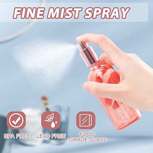 6 Pack 3.4 Oz Pink Glass Spray Bottles,Empty Perfume Fine Mist Atomizer,Refillable Travel Liquid Holder Containers for Cleaning Products,Essential Oils,Body Sprays-Rose-Golden Sprayer