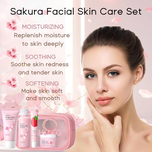 Cherry Blossom Skincare Set Women Gifts - Skin Care Set Hydrating - Skincare for Girls 10-12 Moisturizing - Travel Kit with Cleanser,Toner,Lip Mask,Cream(One Size, Cherry Blossom 6PCS Scent)