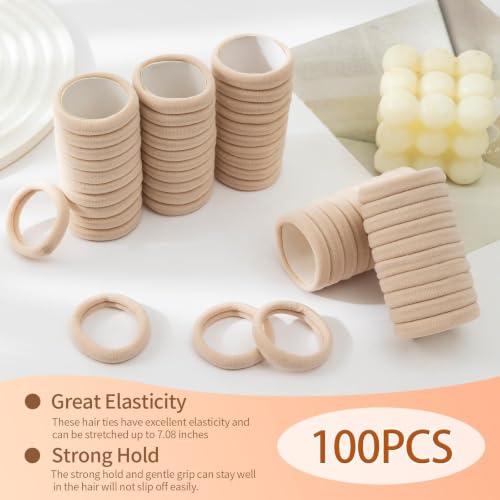 Bessrung 100PCS Beige Seamless Elastic Hair Ties - No Damage, Strong Hold for Women & Girls