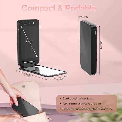UV Camera for Sunscreen Test UV Mirror Sunscreen Camera, 4 Inch Vanity Mirror Rechargeable Compact Travel Makeup Mirror Handheld Double-Sided Pocket Mirror for Skin Protection(Dark Black)