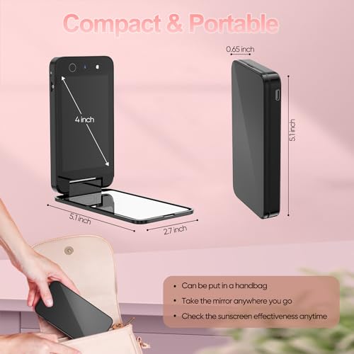 Vanexiss UV Camera for Sunscreen Test UV Mirror Sunscreen Camera, 4 Inch Vanity Mirror Rechargeable Compact Travel Makeup Mirror Handheld Double-Sided Pocket Mirror for Skin Protection(Dark Black)