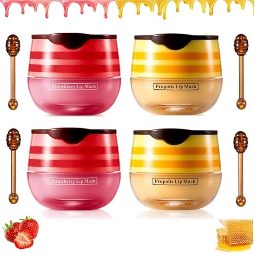 Bee Lip Balm Honey Pot, 4 Pcs Strawberry & Honey Lip Masks Hydrating Prevention Dry and Cracked Lip Scrubs Exfoliator (2 x Strawberry & 2 x Honey)