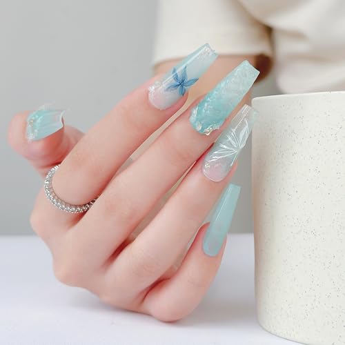 LARSOOY Nails Handmade Press on Nails Long Coffin | Handmade Nails with Mint Mambo Crystal Butterfly | Reusable Fake Nails for Cool Summer | False Nails 10 Pcs (Blue Dreamscape, S)