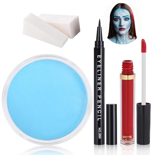 Sally Costume Makeup Kit - Light Blue Face Paint, Red Lipstick & Eyeliner