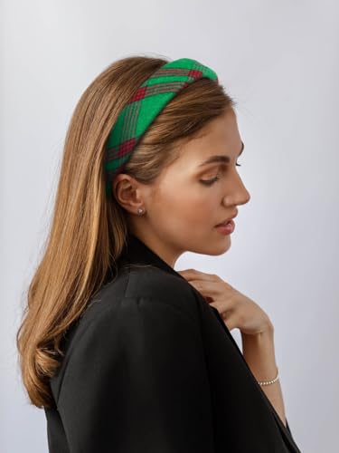 Christmas Headbands for Women Green Plaid Headband Velvet Padded Headband for Women’s Hair Girls Fashion Holiday Women Headbands for Hair Christmas Green Hair Accessories 1 Inch Thick Hair Bands