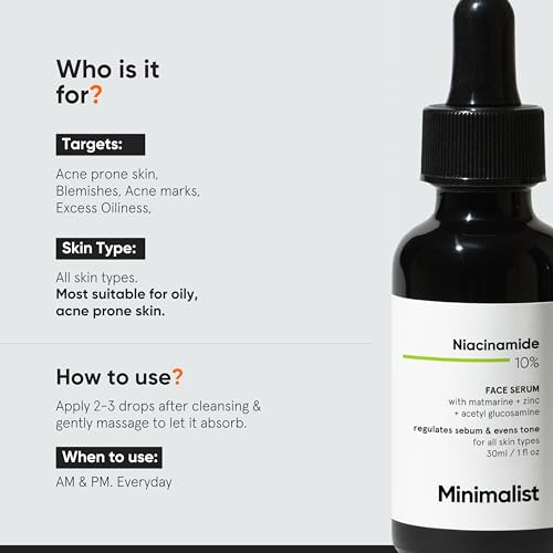 Minimalist Niacinamide 10% + 1% Zinc Face Serum | Reduces Pores, Acne Marks & Oil | Reduces Blemishes for Even Skin Tone | For Women & Men | 1 Fl Oz / 30 ml