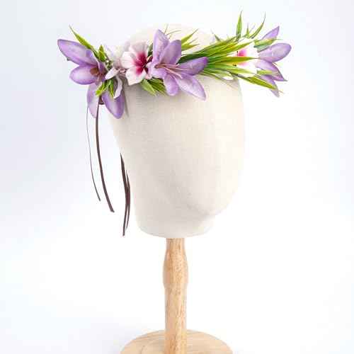 Hawaiian Leis Flower Headband - Hawaii Floral Headpiece Tropical Luau Flower Crown with Ribbon Lei Luau Dress Up Accessory Summer Beach Wedding Party Festival Photos (Purple, Pink)