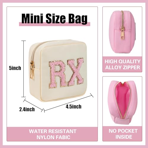 2pcs Personalized Chenille Letter Patch MEDS and RX Bags Set,Cute Nylon Drug Medicine Travel Makeup Bag with Zipper, Preppy Vitamin Organizer Bag for Women and Girls (RX+MEDS Beige)