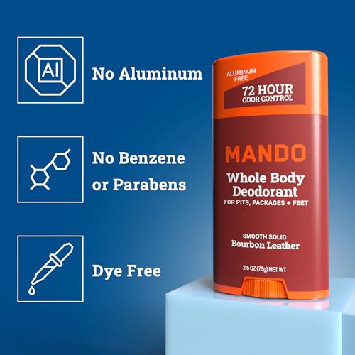 Mando Whole Body Starter Kit - 2.6oz Solid Stick, 3.6oz Spray, 1.5oz Acidified Body Wash, 5oz Acidified Cleansing Bar, 15ct Deodorant Wipes - Aluminum Free Odor Control - 5 pc Bundle (Bourbon Leather)