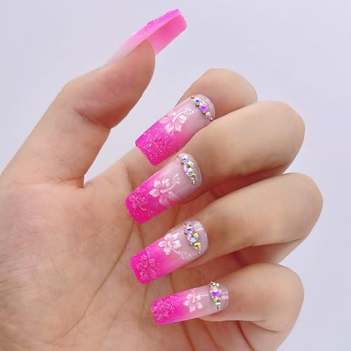 NGMATY Press On Nails Long Pink Gradient Threedimensional Petal Rhinestone Fake nails 12 Sizes 24 Pcs Gel False Nail Set