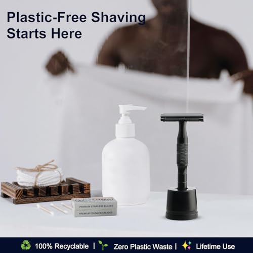 Matte Black Double Edge Safety Razor with Stand, Single Blade Razors for Men and Women, with 10 Safety Razor Blades, Smooth and Close Shave