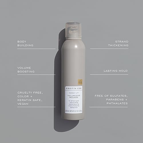 Kristin Ess Hair Instant Lift Volumizing Mousse with Castor Oil - Boosts Volume + Thickens, Body Building, Lasting Hold, Non Sticky, For Curly, Wavy + Straight Hair, 8.1 Oz