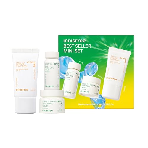 innisfree Hydrate + Protect Mini Set of Korean Serum, Cream and Suncreen with Green Tea and Hyaluronic Acid