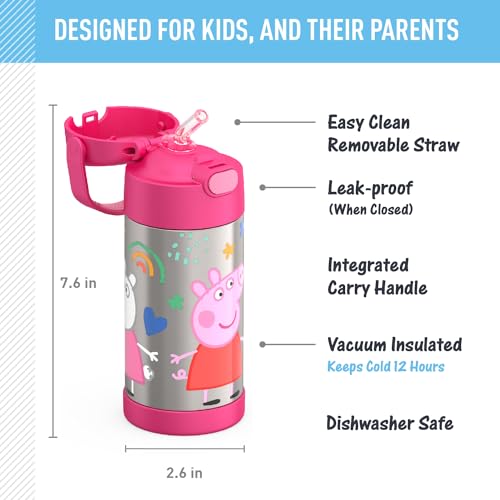 THERMOS FUNTAINER Water Bottle with Straw - 12 Ounce, Peppa Pig - Kids Stainless Steel Vacuum Insulated Water Bottle with Lid