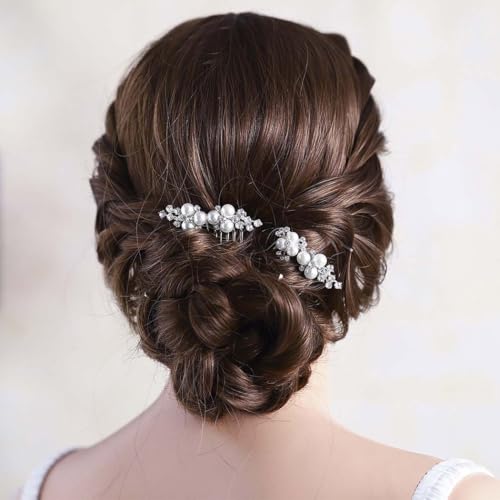 Wedding Pearl Hair Comb Set - Bride Rhinestone Headpiece (2 Pack)