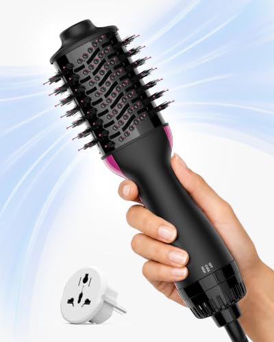Aopant Dual Voltage Mini Hair Dryer Brush - 900W Volumizer & Styler, Black/Rose Red