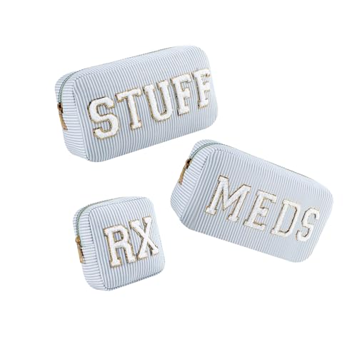 uekeboag Seersucker Chenille Letter Stuff Meds RX Makeup Bag, Travel Washable Purse Organizer with Zipper, Lightweight Toiletry Cute Personalized Preppy Cosmetic Bag For Women and Girls(3pcs Blue)