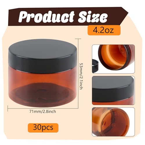 30 Pack 4 oz Amber Plastic Jars with Lids Empty Refillable Cosmetic Container for Beauty Essential Products Body Butter Creams Gel and Lotion