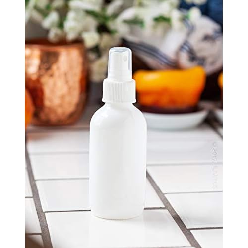 JUVITUS (12 pack) 4 oz / 120 ml High Shine Gloss White Glass Boston Round Bottle with White Fine Mist Spray