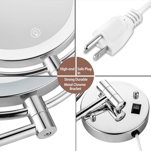 Wall Mounted Lighted Makeup Mirror with Magnification, 8-inch 1X/10X Wall Mount Magnifying Mirror for Bathroom, Touch Dimmable, 360 Degree Swivel, 2-Sided, Extendable Arm