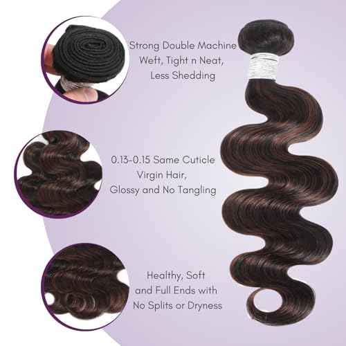 12A Brown Body Wave Bundles Human Hair 22 Inch, 100% Virgin Brazilian Real Hair Wavy Weave Color #F2/4 Rich Dark Brown with Chestnut Ombre Highlights Human Hair Single Bundles Thick Track Sew in