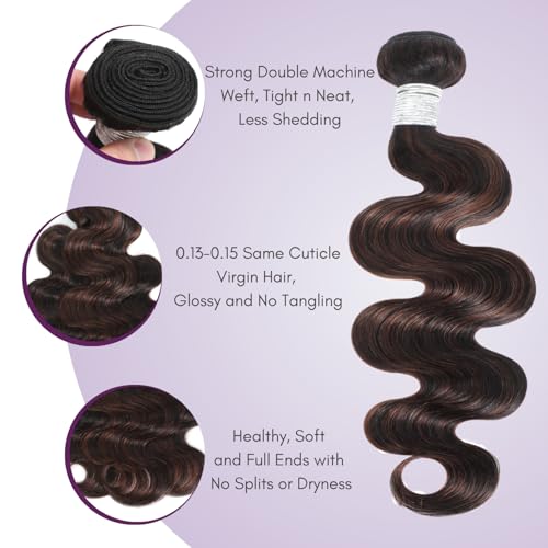 12A Brown Body Wave Bundles Human Hair 18 Inch, 100% Virgin Brazilian Real Hair Wavy Weave Color #F2/4 Rich Dark Brown with Chestnut Ombre Highlights Human Hair Single Bundles Thick Track Sew in