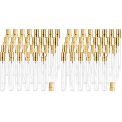 30 Pcs 10ml/0.34oz Mini Spray Bottle Glass Fine Mist Perfume Atomizer Empty Sample Containers with Golden Lids for Travel Cleaning Essential Oils (Pack of 2)