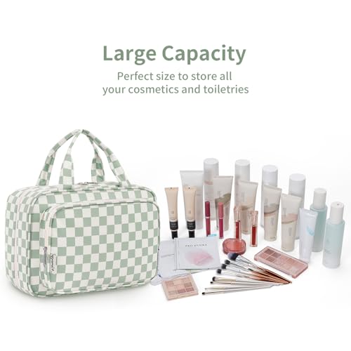 Narwey Travel Toiletry Bag for Women Large Capacity, Hanging Makeup Bag Organizer Toiletries Bag for Full Size Essentials, Accessories, Brushes, Cosmetics (Mint Green Checkerboard (Large))