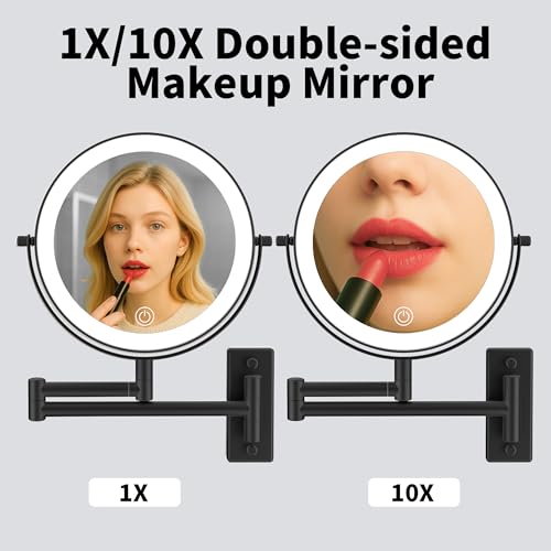 Wall Mounted Makeup Mirror with Lights, 8" Bathroom Vanity Magnifying Mirror Wall Mount with 1X/10X Magnification and Extendable Arm,Black