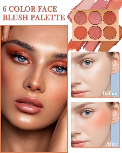 6-Color Matte & Shimmer Blush Palette with Brush