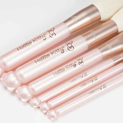Impressions Vanity 6 PCs Makeup Brush set with Hello Kitty Kawaii Icon and Aluminum Ferrule, Super Soft Makeup Brushes for Foundation, Face Powder, Blending, Defined Shadow, Eye Shadow (Pink)