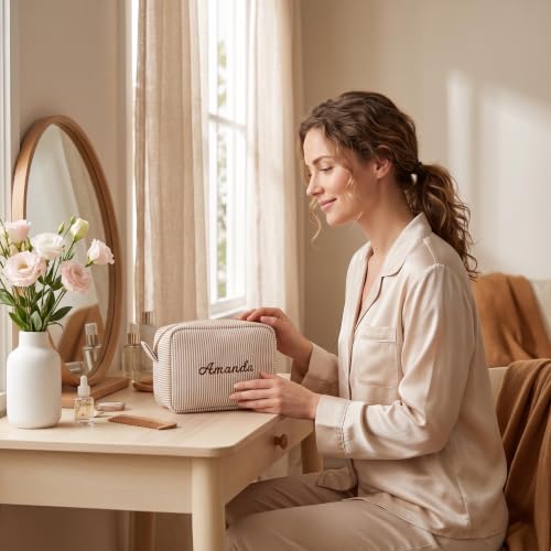 MT WORLD Personalized Cosmetic Bag for Women Girls Brown Seersucker Makeup Organizer