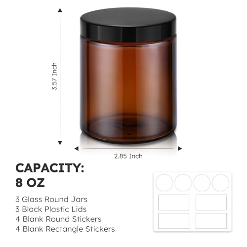 Tecohouse 8oz Amber Glass Jars with Lids, 3-Pack