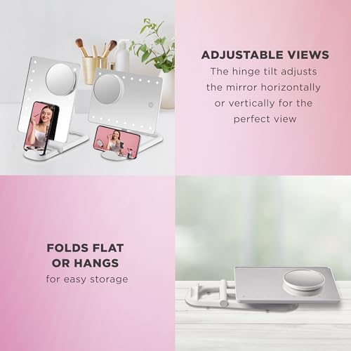 Conair Lighted Makeup Mirror, LED Vanity Mirror, 1X/10X Magnifying Mirror with Phone Holder, Battery Operated in Glossy White