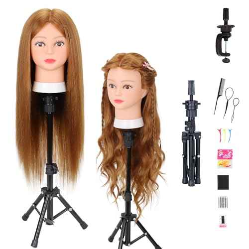 Mannequin Head with Human Hair 80% Real Hair 26-28'' Cosmetology Mannequin Head for Hairdresser Cosmetology Student Styling Practice on Braiding Manikin Doll Head with Tripod Set
