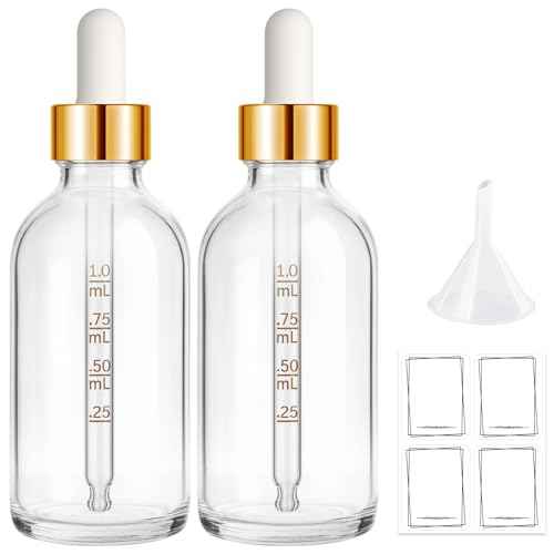 Bumobum 2 Pack, 2 oz Golden Cap Clear Glass Eye Dropper Bottle with Labels and Funnel, Leakproof Tincture Bottle with Measured Dropper for Essential Oils Bottles