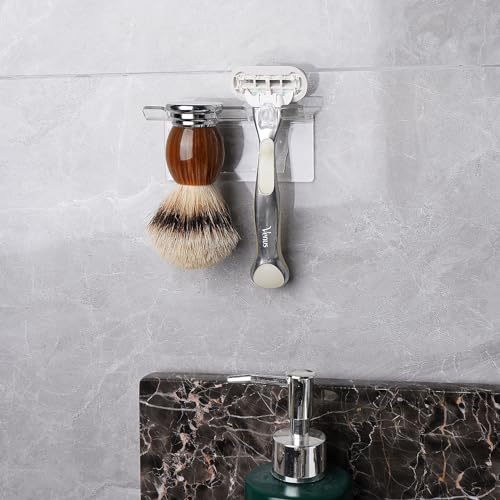 LUEXBOX 2Pack Safety Razor Holder for Shower Wall, Self Adhesive Razor and Brush Stand for Bathroom, Shaving Brush Stand Compatible with Fusion 5 Proglide, Mach 3 Classic(Clear)