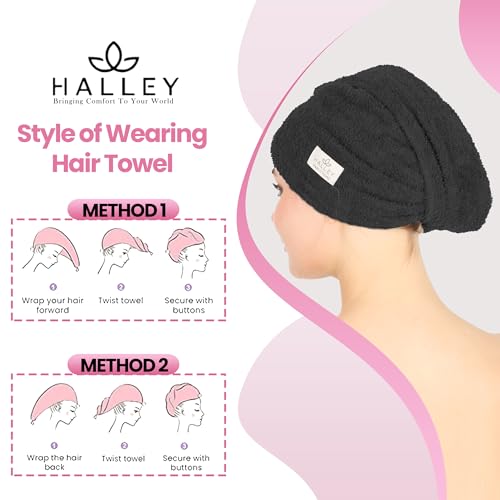 HALLEY Cotton Hair Towel Wrap - Super Absorbent Fast Drying Turbans (3 Pack)