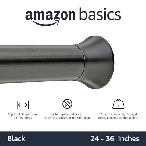 Amazon Basics Tension Curtain Rod, Adjustable 24-36" Width - Black, Classic Finial