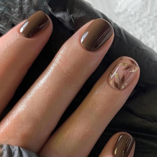 Dark Brown Press On Nails Kit with Gold Leaf Accents - 30 Pcs
