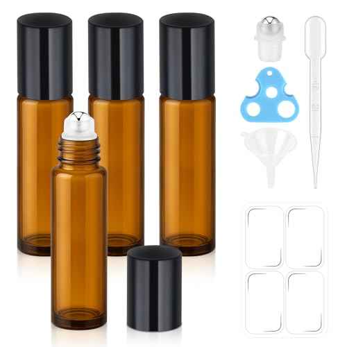 10ml Roller Bottles for Essential Oils(4-Pack), Leak-Proof Amber Glass Roller Ball Applicator, Opener, Droppers, Funnel & Labels, Roll on Bottles for Perfume & DIY Skincare