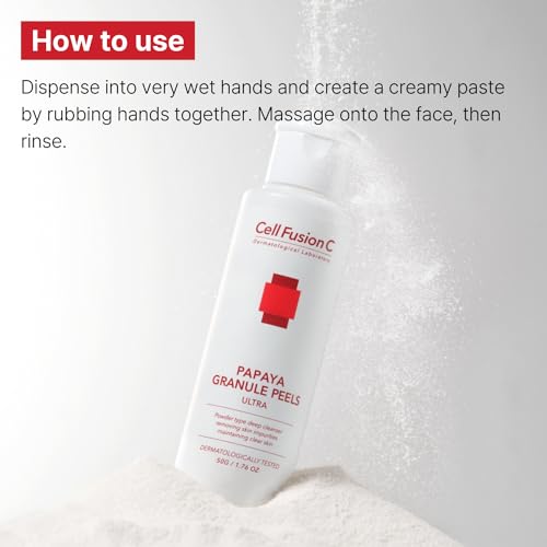 Cell Fusion C Papaya Granule Peels Ultra, Powder Face Wash for Sensitive Skin with Papaya Enzyme, Clarifies and Cleanses for Smoother, Even skin, 1.76 oz