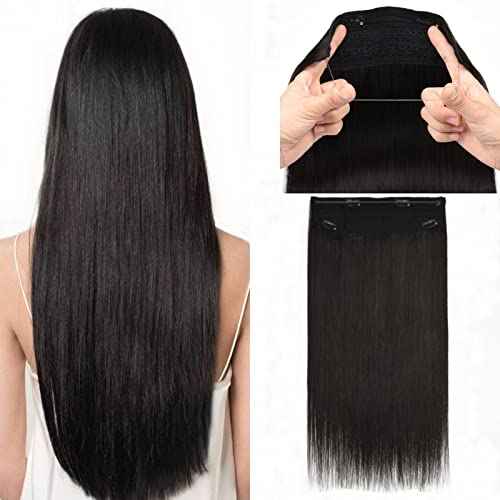 Wire Hair Extensions 18 Inch Invisible Fish Line Hair Extensions #1b Natural Black Wire Extensions Human Hair Piece with Transparent Line 100g Fish Wire Hair