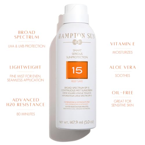 Hampton Sun SPF 15 Continuous Mist Sunscreen, Broad Spectrum UVA/UVB | Advanced Water + Sweat Resistance, Antioxidant-Rich Vitamin E + Aloe for Hydrated, Radiant Skin, Glowy Finish and Oil-Free.