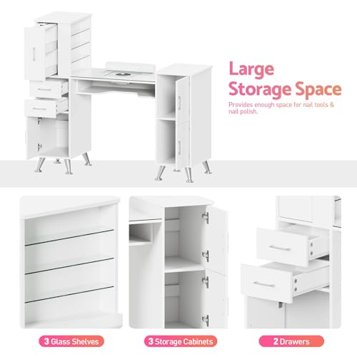 Manicure Table with Dust Collector, Glass Top & Storage