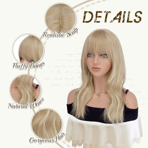 Haloo 19-Inch Blonde Wavy Wig with Bangs - Heat Resistant Synthetic Hair