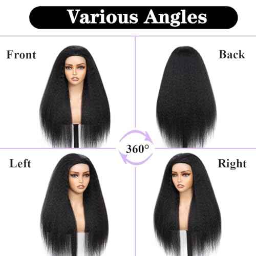 200 Density Kinky Straight Half Wig Human Hair 26 Inch,Yaki Straight 3 In 1 Seamless Flip Over Half Wigs Human Hair Wear Go Glueless Beginner Friendly Curly Half Wig Drawstring Headband Wig for Women